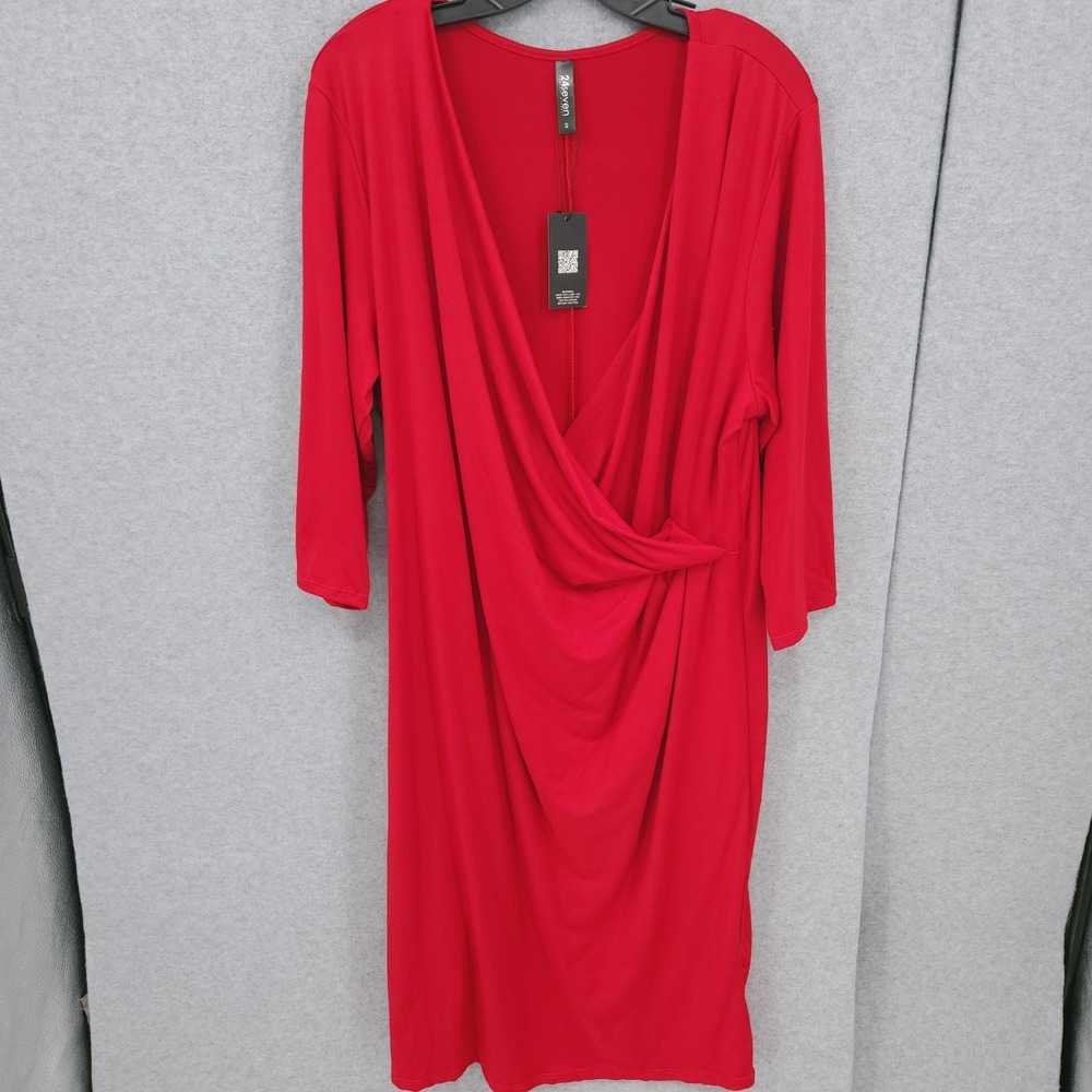24Seven Red Surplice Neck Pullover 3/4 Sleeve Comfort Dress Womens Size 2X NWT